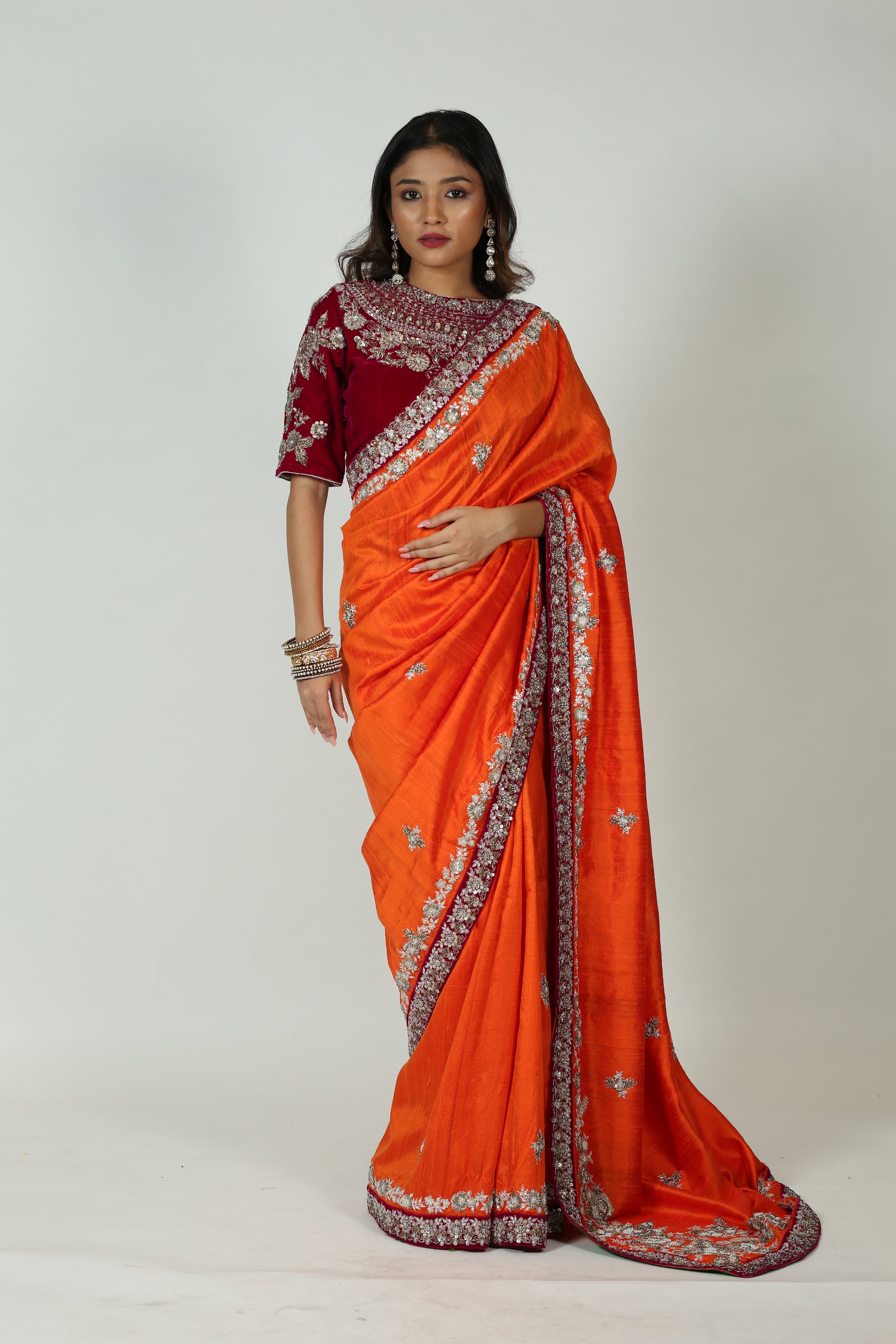 Maroon And Orange Saree