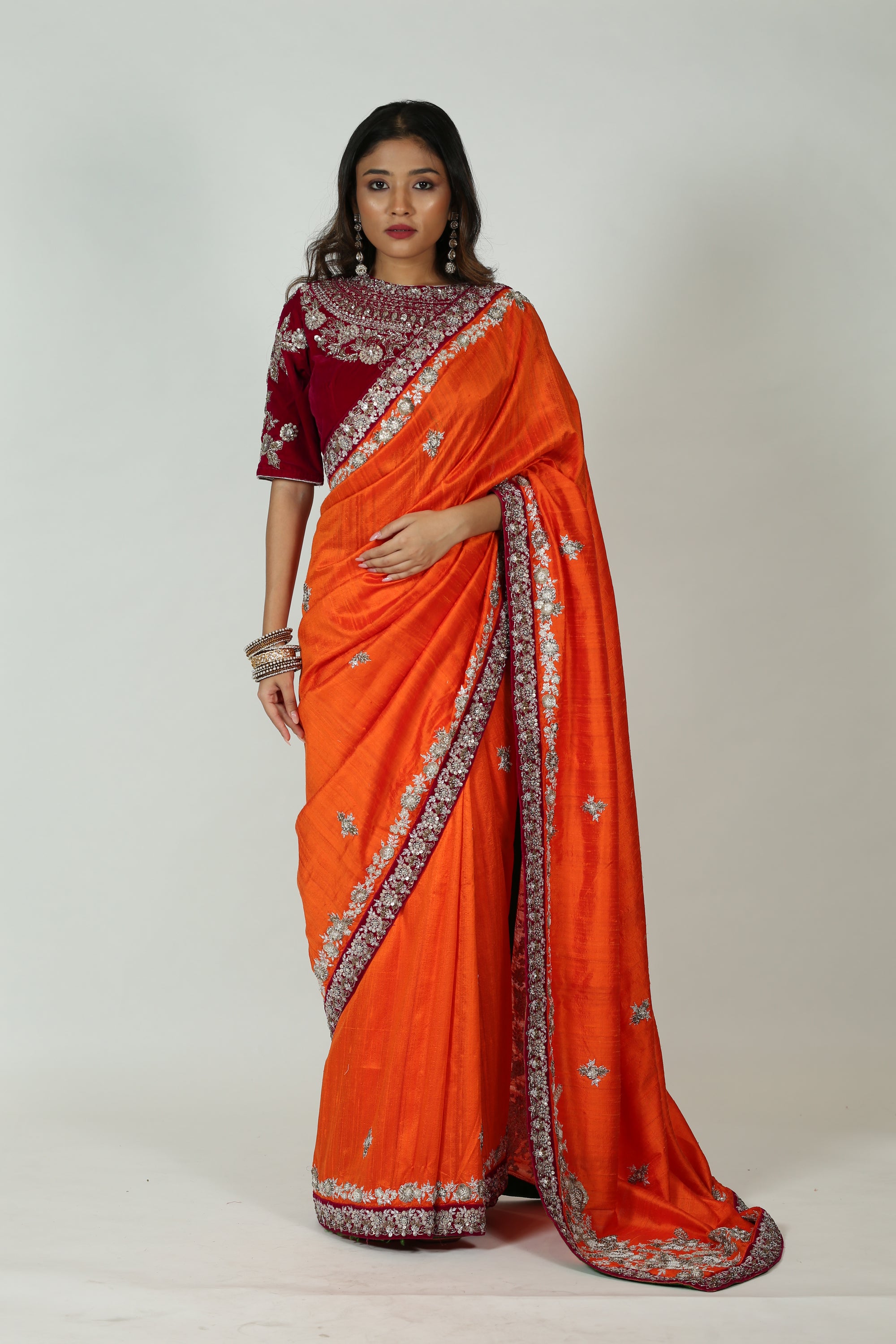Maroon And Orange Saree