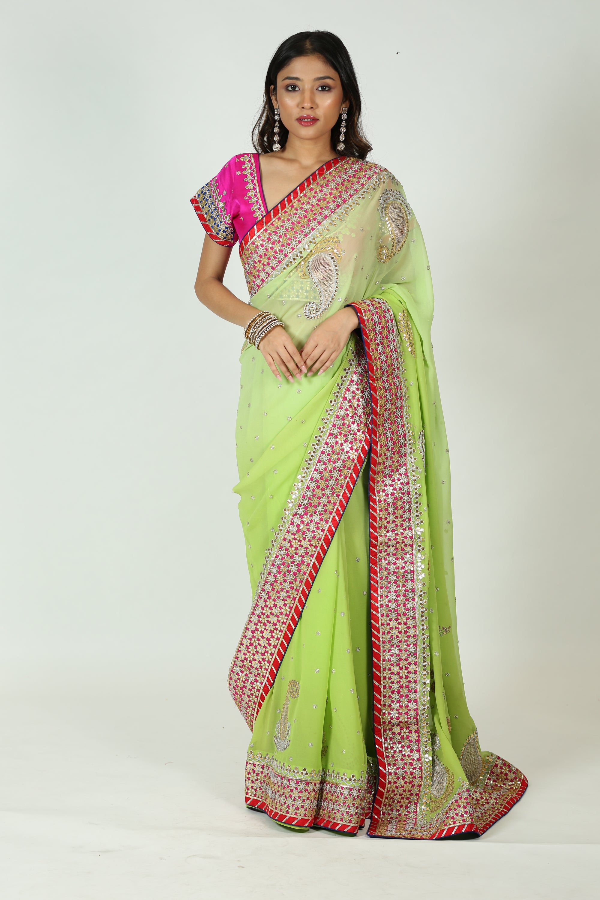 Green And Pink Saree